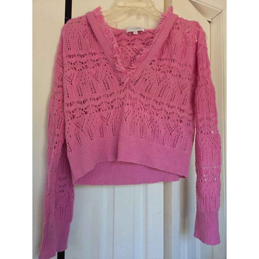 Intermix V-Neck Pullover Cropped Sweater Pink Hood Cashmere Wool Women's Small